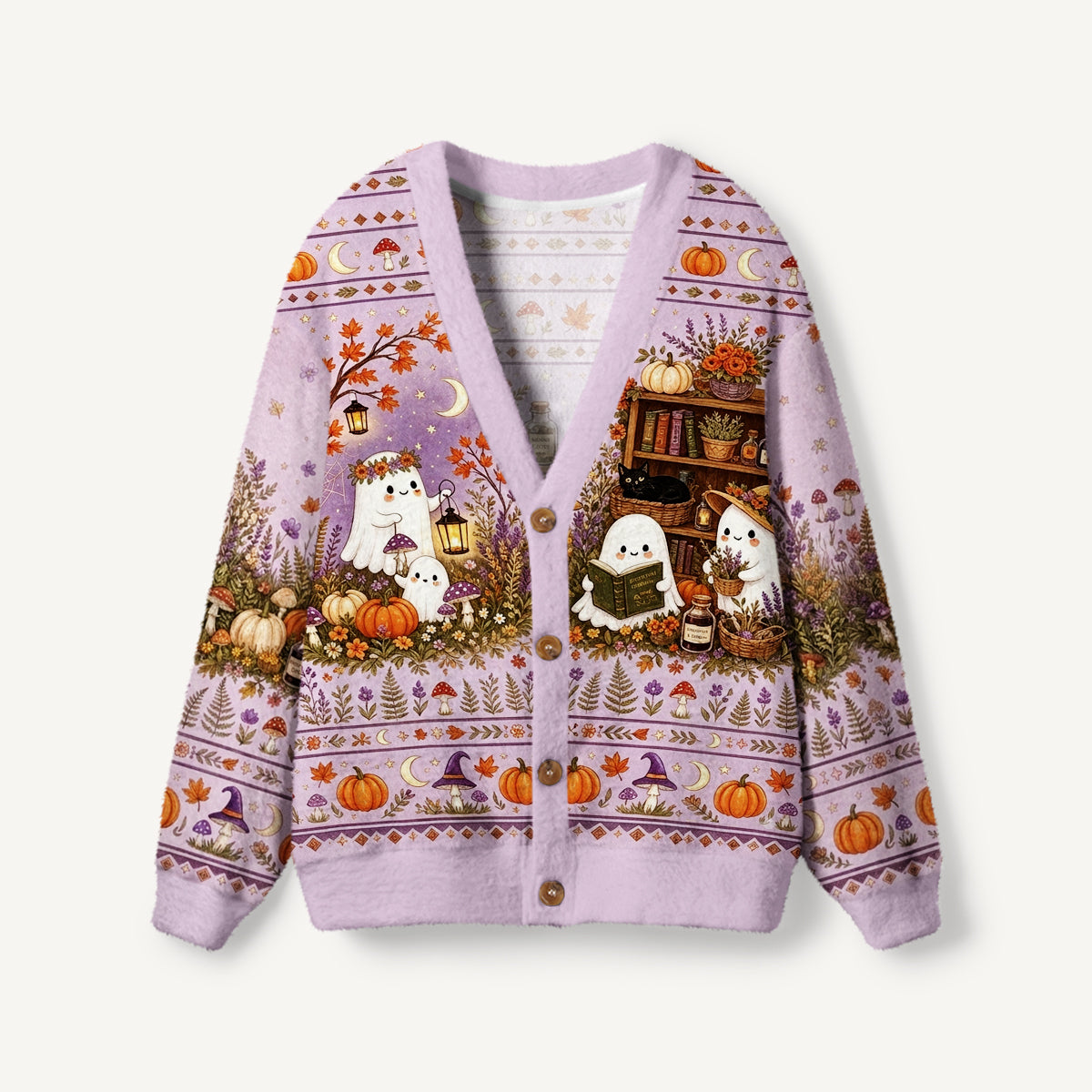 Lavender Pumpkin Country Ghost Print Ugly Cardigan Sweaters