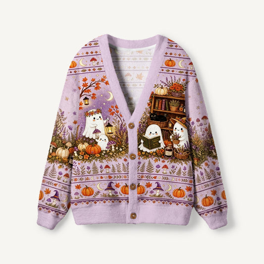 Lavender Pumpkin Country Ghost Print Ugly Cardigan Sweaters