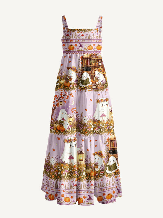 Lavender Pumpkin Country Ghost Print Wide Straps Maxi Dress With Pockets