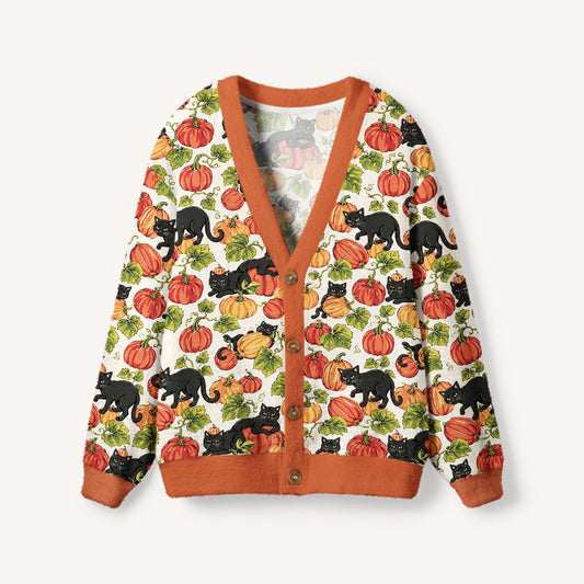 Black Cat Romp in the Pumpkin Fields Print Ugly Cardigan Sweaters