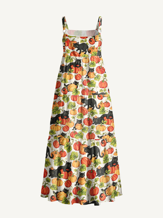 Black Cat Romp in the Pumpkin Fields Print Wide Straps Maxi Dress With Pockets