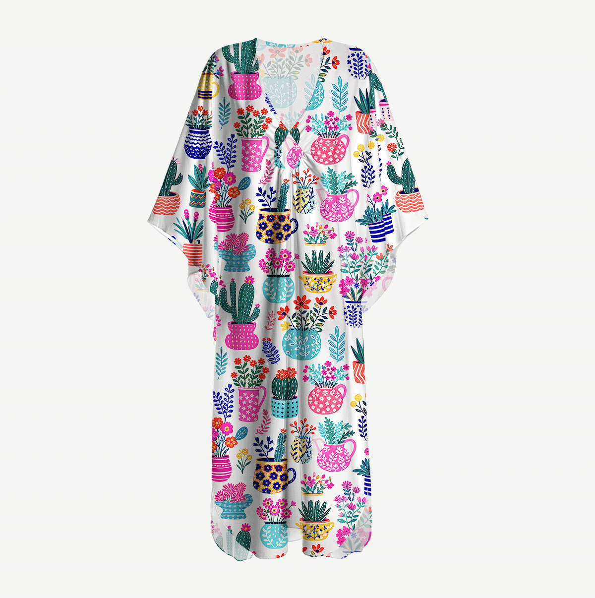 Cactus and Flowers Kimono Sleeve Kaftan Dress