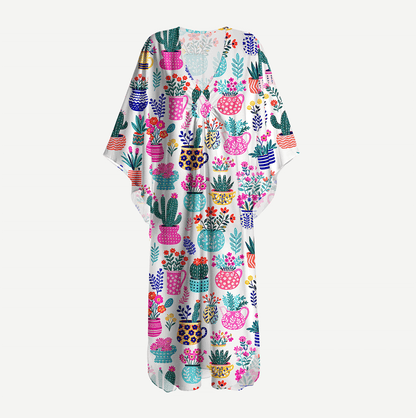 Cactus and Flowers Kimono Sleeve Kaftan Dress