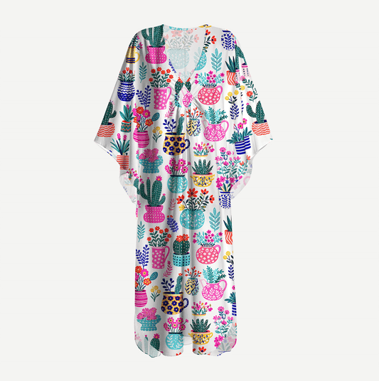 Cactus and Flowers Kimono Sleeve Kaftan Dress