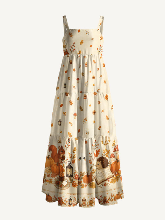 Pumpkin Ghost Harvest Print Wide Straps Maxi Dress With Pockets
