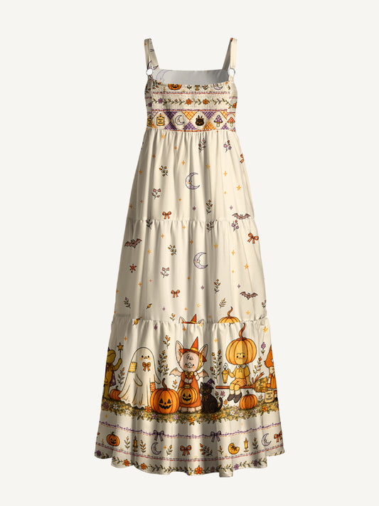 Whimsy Halloween Friends Print Wide Straps Maxi Dress With Pockets