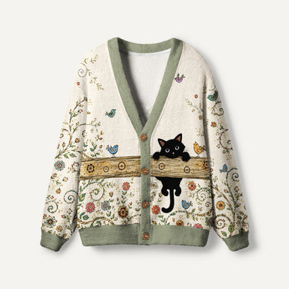 Whimsical Cat Garden Print Ugly Cardigan Sweaters