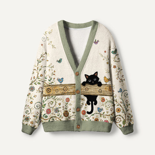 Whimsical Cat Garden Print Ugly Cardigan Sweaters