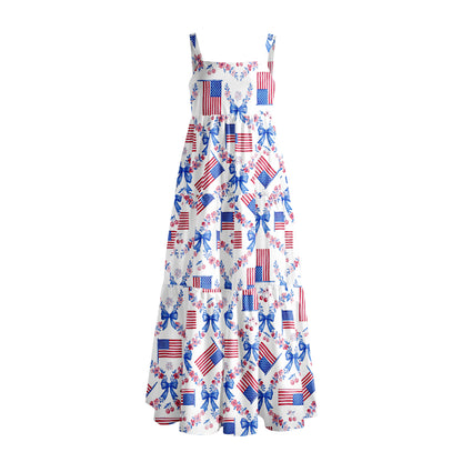 Patriotic Floral Print Wide Straps Maxi Dress With Pockets