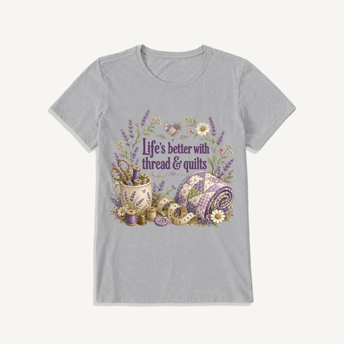 Stitched Quiet Happiness Print Crew Neck Cotton Tee