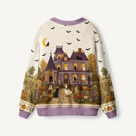 Moonlit Pumpkin Manor Print Ugly Cardigan Sweaters