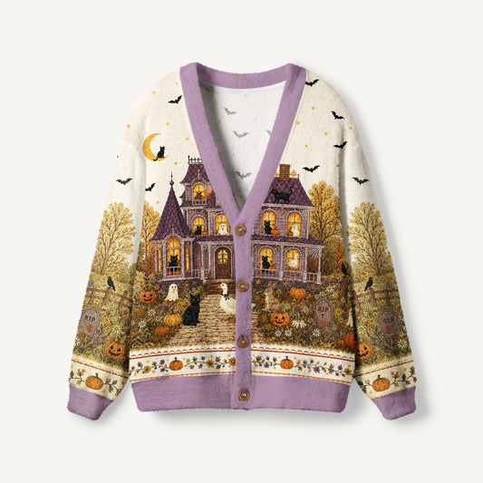 Moonlit Pumpkin Manor Print Ugly Cardigan Sweaters