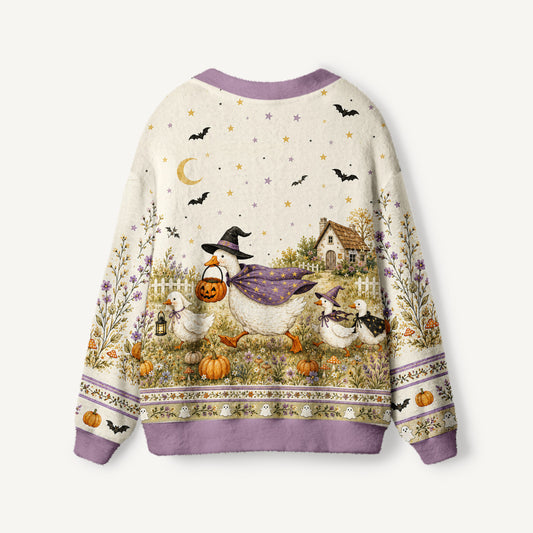 Moonlit Pumpkin Goose Parade Print Ugly Cardigan Sweaters
