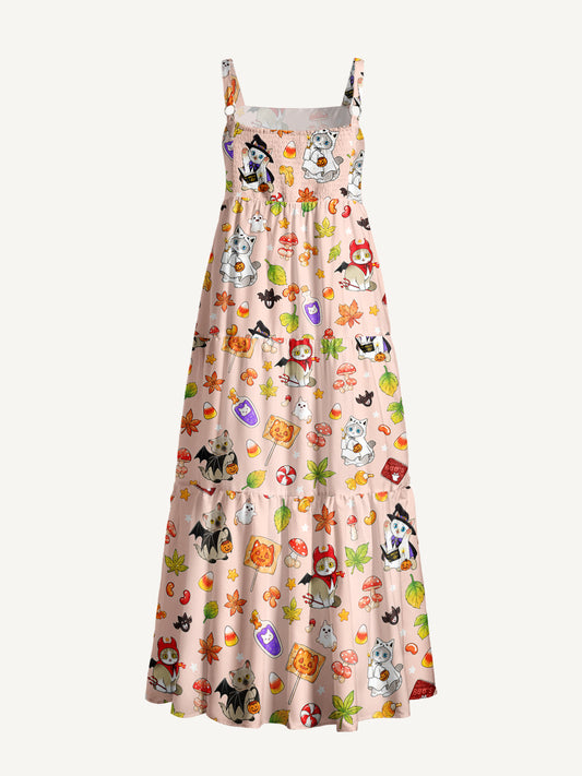 Autumn Forest Critter Halloween Print Wide Straps Maxi Dress With Pockets