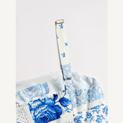 Delft Blue Floral Print Wide Straps Maxi Dress With Pockets