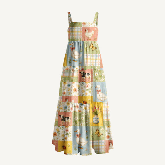 Vintage Farm Patchwork Print Wide Straps Maxi Dress With Pockets
