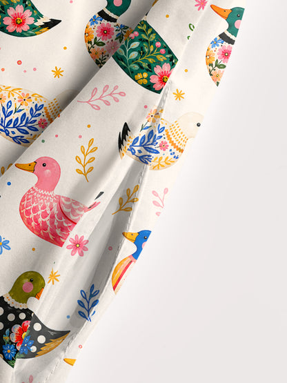 Whimsical Floral Ducks Print Wide Straps Maxi Dress With Pockets