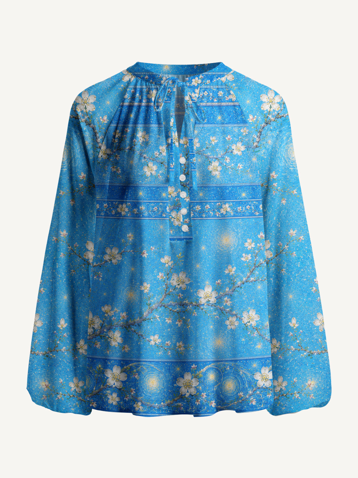 Night Garden Starry Print Boho Long Sleeve Tie‑Neck Blouse