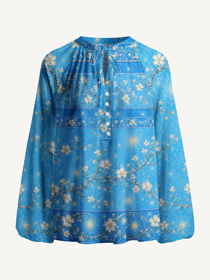 Night Garden Starry Print Boho Long Sleeve Tie‑Neck Blouse