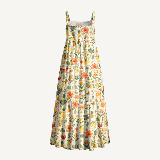 Tropical Citrus Stamp Collage Print Wide Straps Maxi Dress With Pockets
