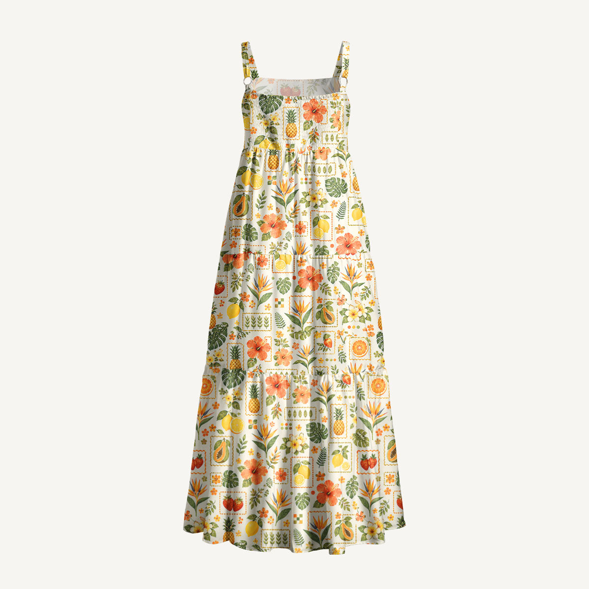 Tropical Citrus Stamp Collage Print Wide Straps Maxi Dress With Pockets