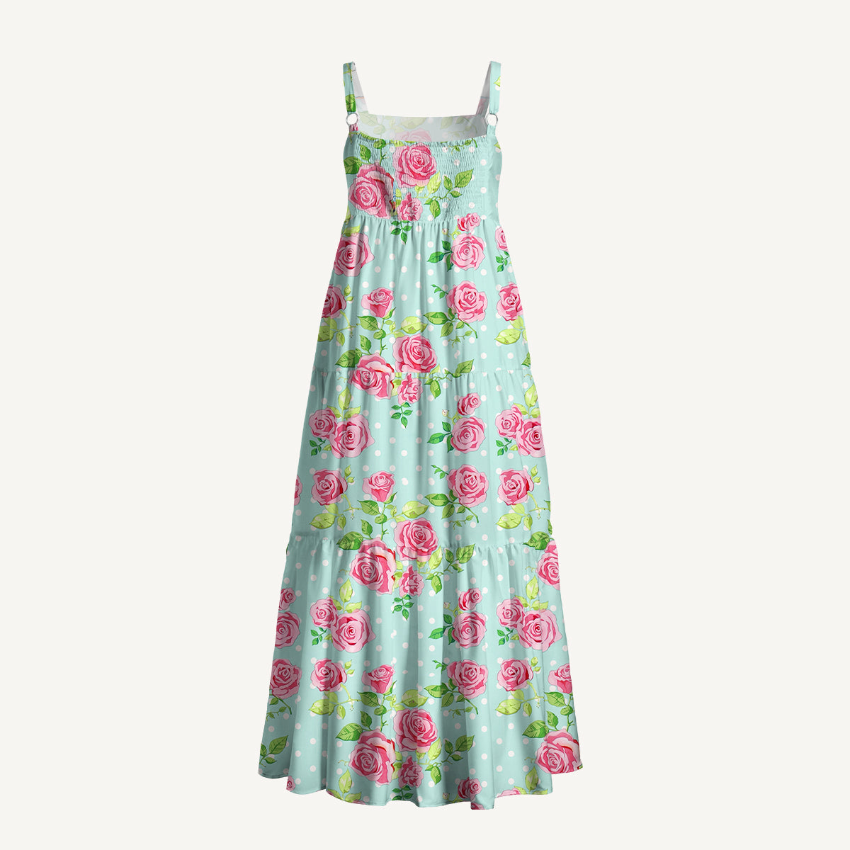 Rose Mint Polka Dot Printed Wide Straps Maxi Dress With Pockets