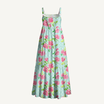 Rose Mint Polka Dot Printed Wide Straps Maxi Dress With Pockets