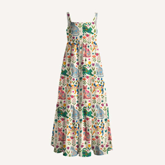 Cute Flower Cat Wide Straps Maxi Dress With Pockets