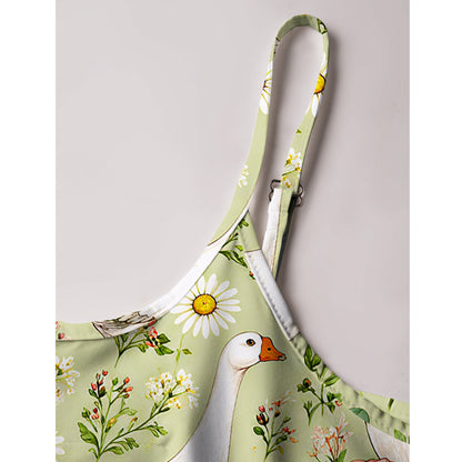 Pastoral Goose Garden Print Spaghetti Strap Mini Dress