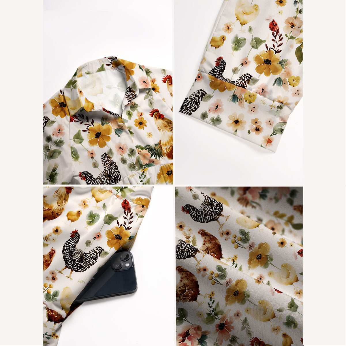 V Neck Collared Watercolor Chicken Floral Print Casual Midi Dress With Pockets