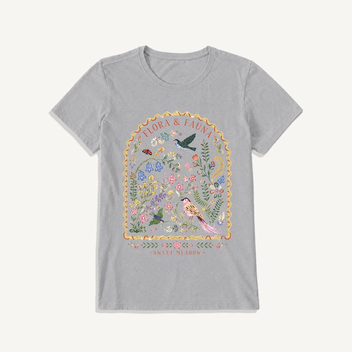 Folk Birds Sweet Meadow Print Crew Neck Cotton Tee