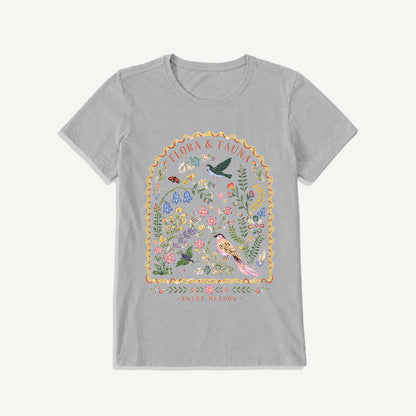 Folk Birds Sweet Meadow Print Crew Neck Cotton Tee