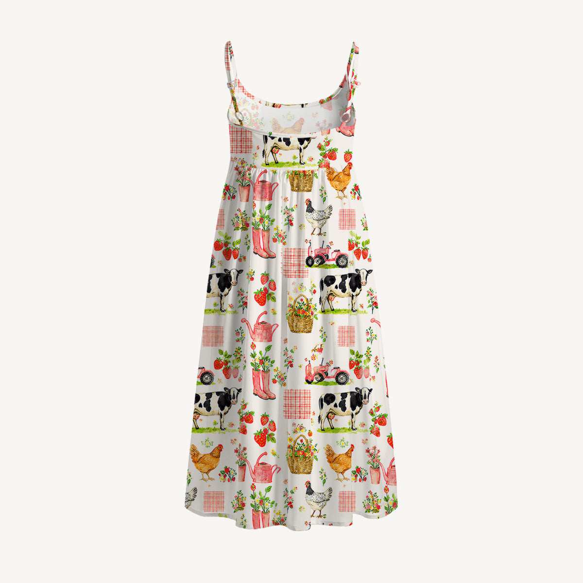 Watercolor Pink Farm Cow Chicken Print Spaghetti Strap Mini Dress