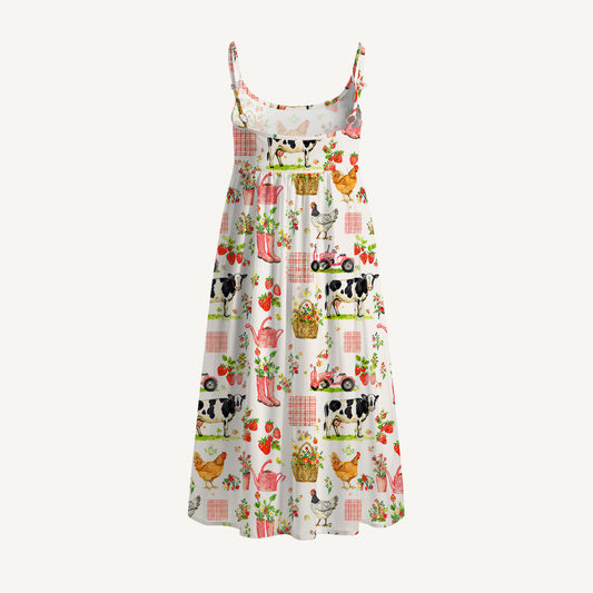 Watercolor Pink Farm Cow Chicken Print Spaghetti Strap Mini Dress