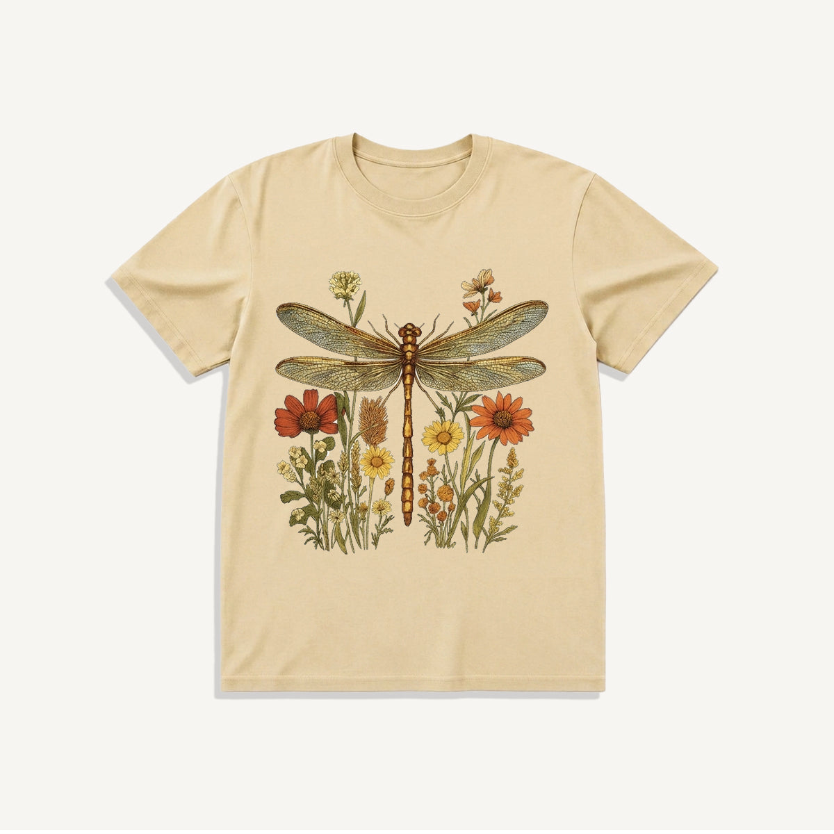 Vintage Dragonfly Blooms Print Crew Neck Cotton Tee