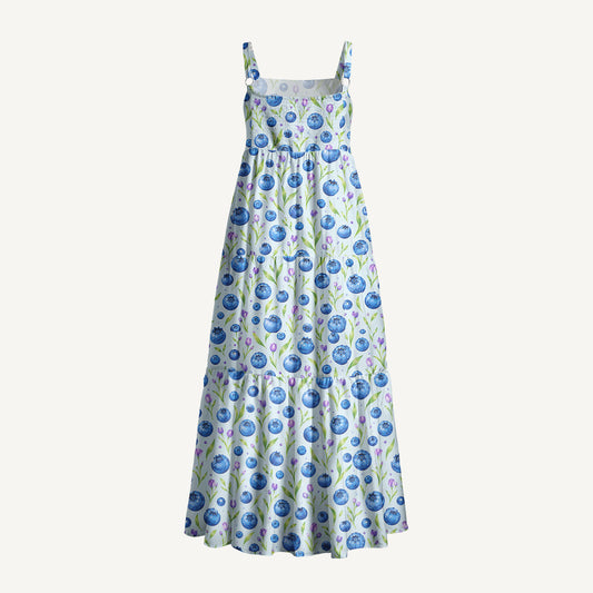 Blueberry Blossom Pattern Print Wide Straps Maxi Dress With Pockets