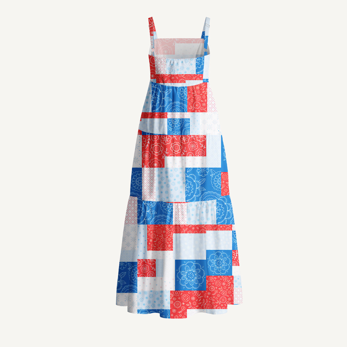 Patriotic Patchwork Print Cotton Wide Straps Maxi Dress With Pockets