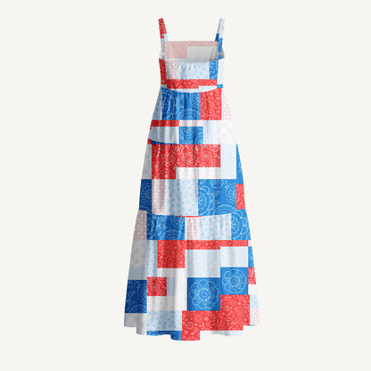 Patriotic Patchwork Print Cotton Wide Straps Maxi Dress With Pockets