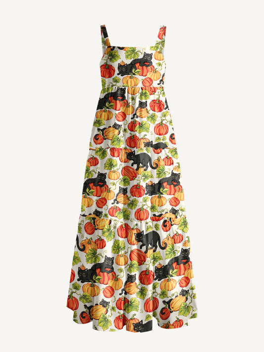 Black Cat Romp in the Pumpkin Fields Print Wide Straps Maxi Dress With Pockets