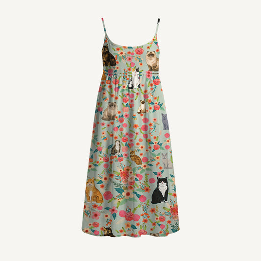 Flower Cat Spaghetti Strap Mini Dress