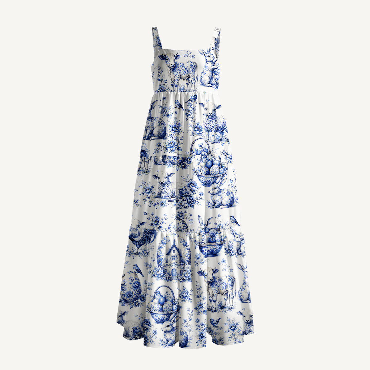 Delft Farm Print Wide Straps Maxi Dress With Pockets