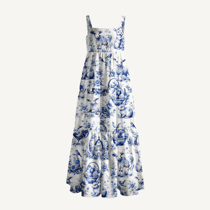 Delft Farm Print Wide Straps Maxi Dress With Pockets