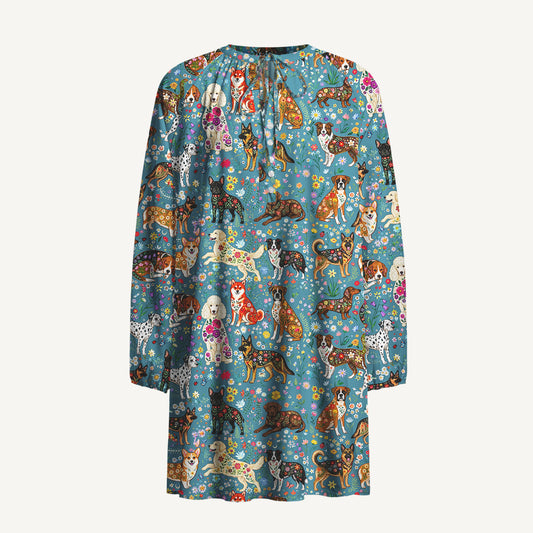 Cute Flower Dog Print Boho Tie‑Neck Smock Mini Dress