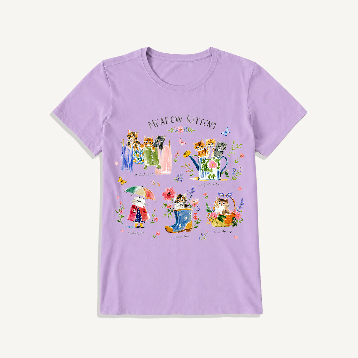 Watercolor Meadow Kittens Guide Print Crew Neck Cotton Tee