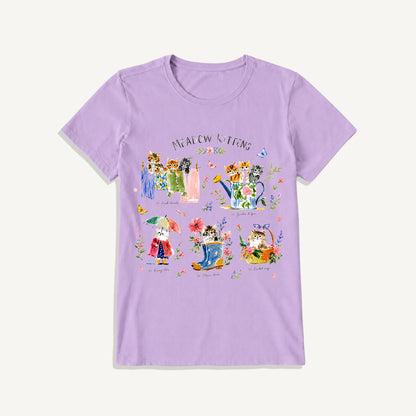 Watercolor Meadow Kittens Guide Print Crew Neck Cotton Tee