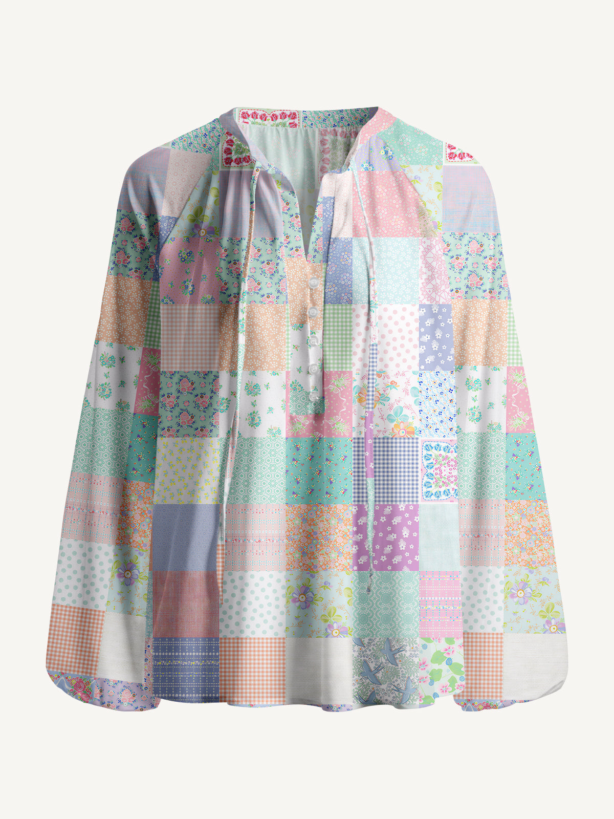 Vintage Quilt Patchwor Print Boho Long Sleeve Tie‑Neck Blouse