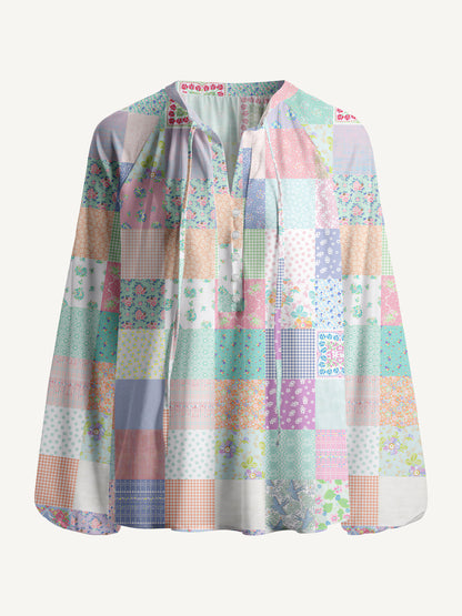 Vintage Quilt Patchwor Print Boho Long Sleeve Tie‑Neck Blouse