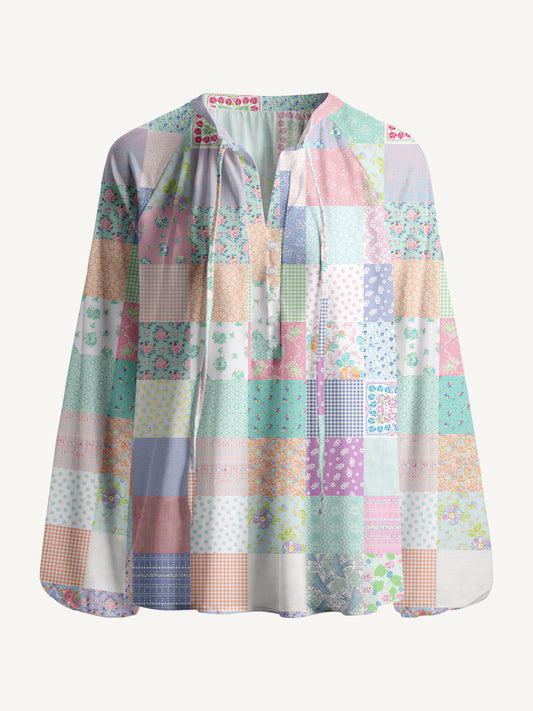 Vintage Quilt Patchwor Print Boho Long Sleeve Tie‑Neck Blouse