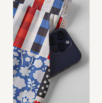 Patriotic Patchwork Print Wide Leg Tie Waist Pants With Pockets