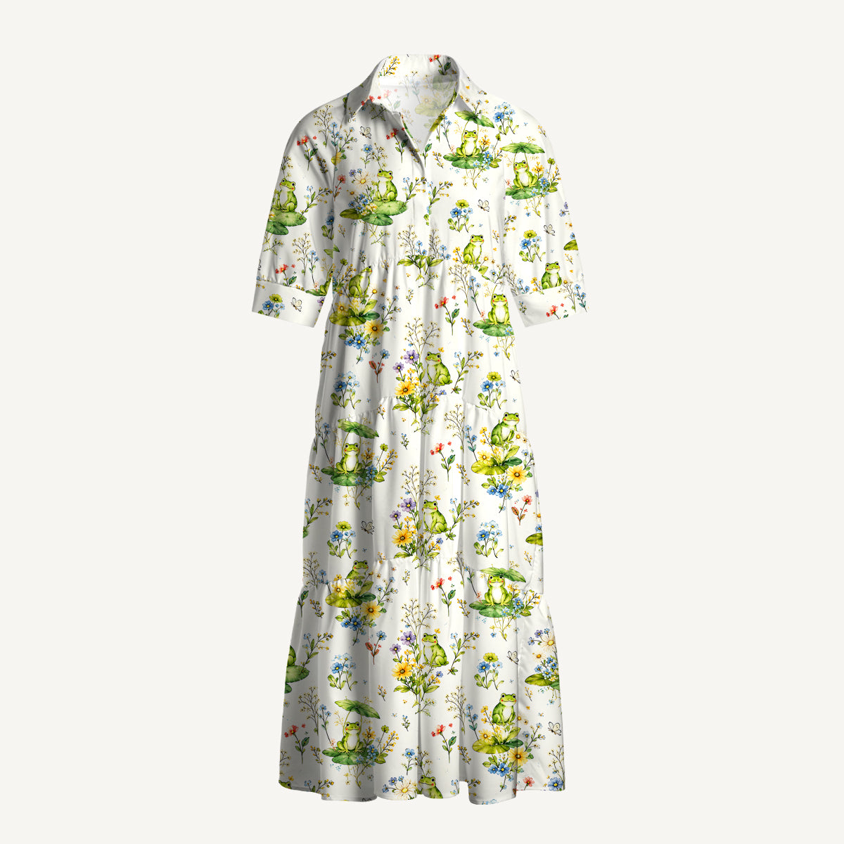 V Neck Collared Pond Frog Garden Print Casual Midi Dress With Pockets